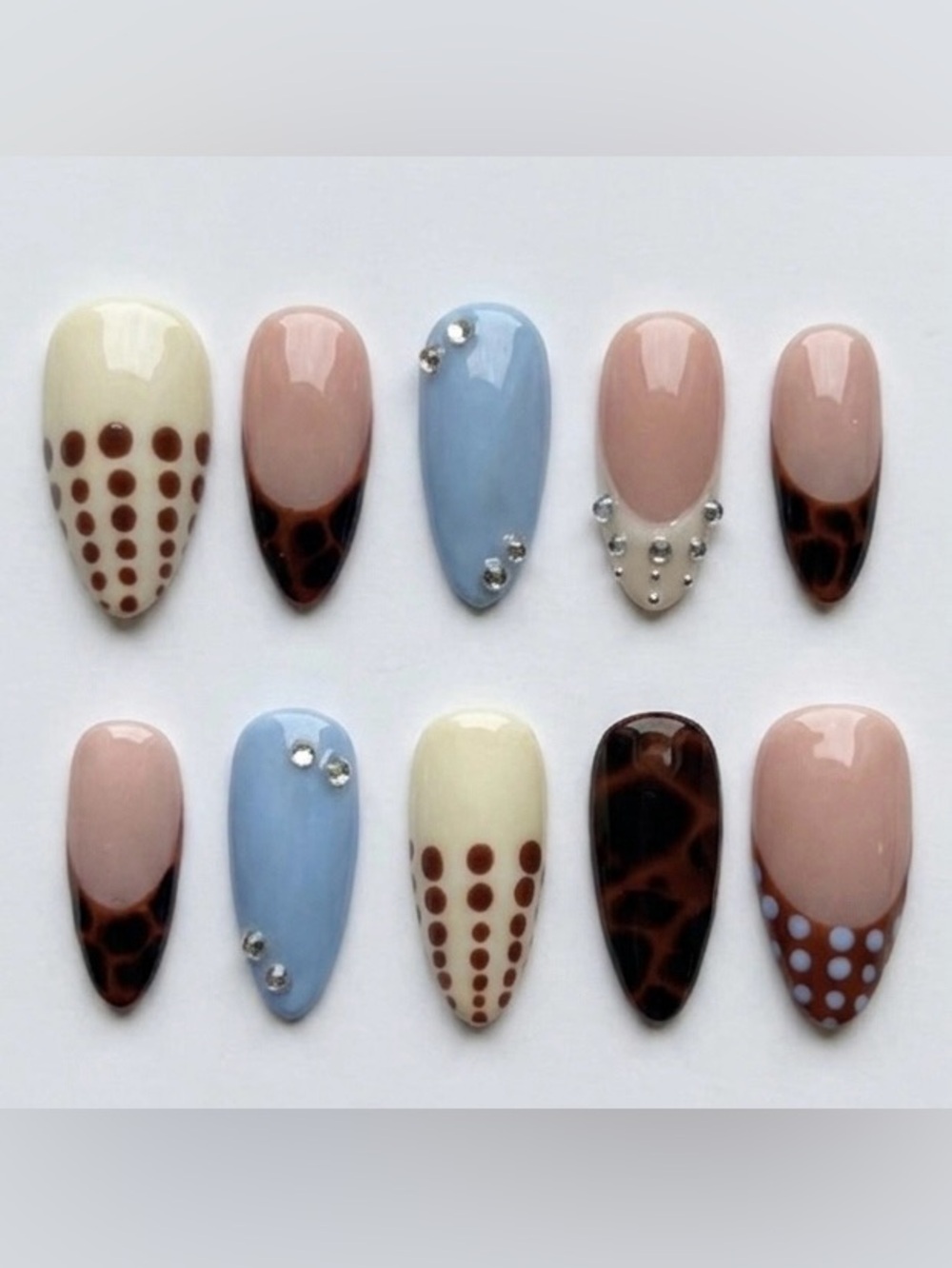Press-On Nail Set — Pastel Blue, Cream, Pink & Brown Leopard Accents